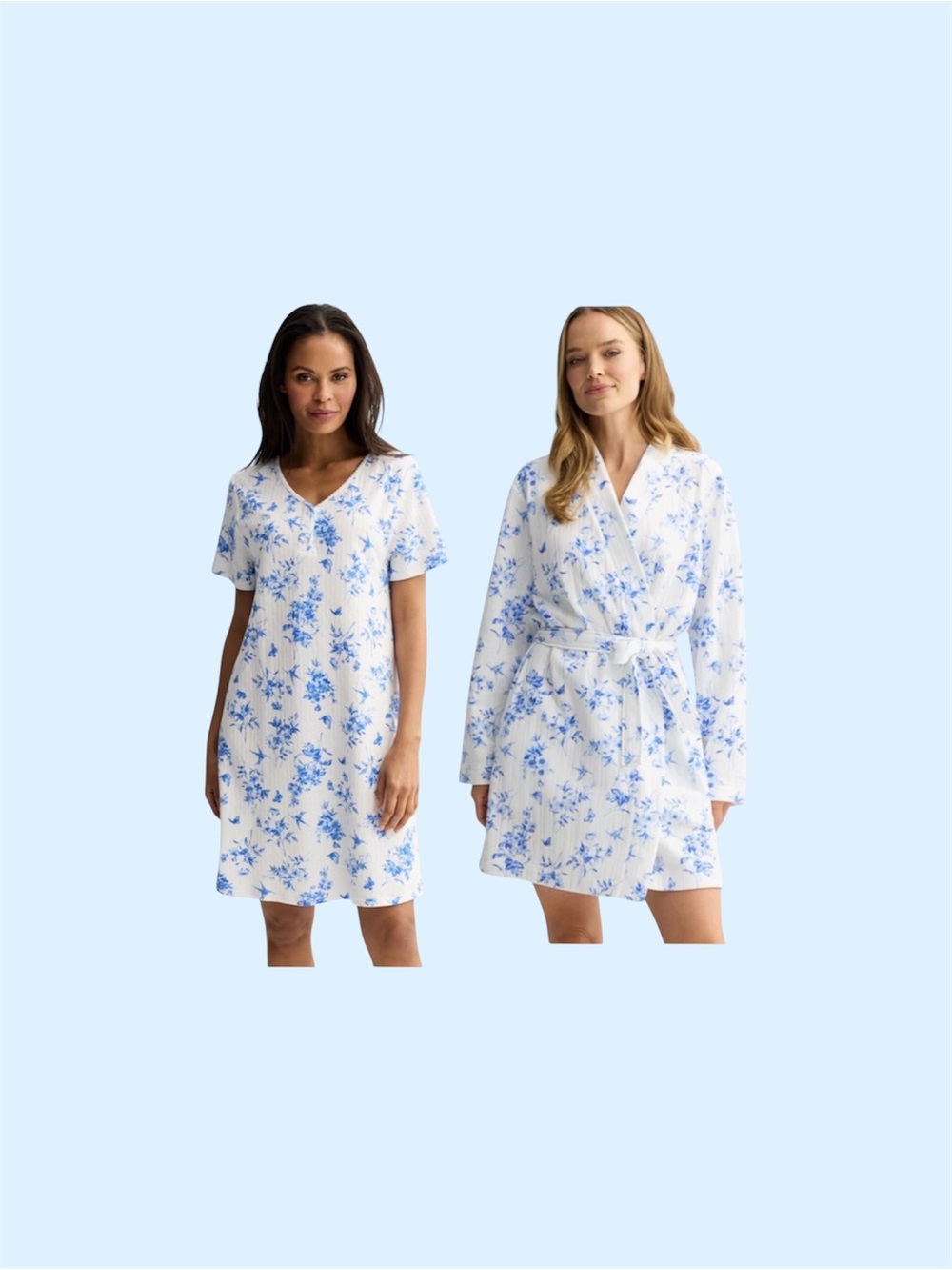2 PC Matching Floral Cotton Sleep Nightgown & Robe Set - White/Light Blue SZ 2X